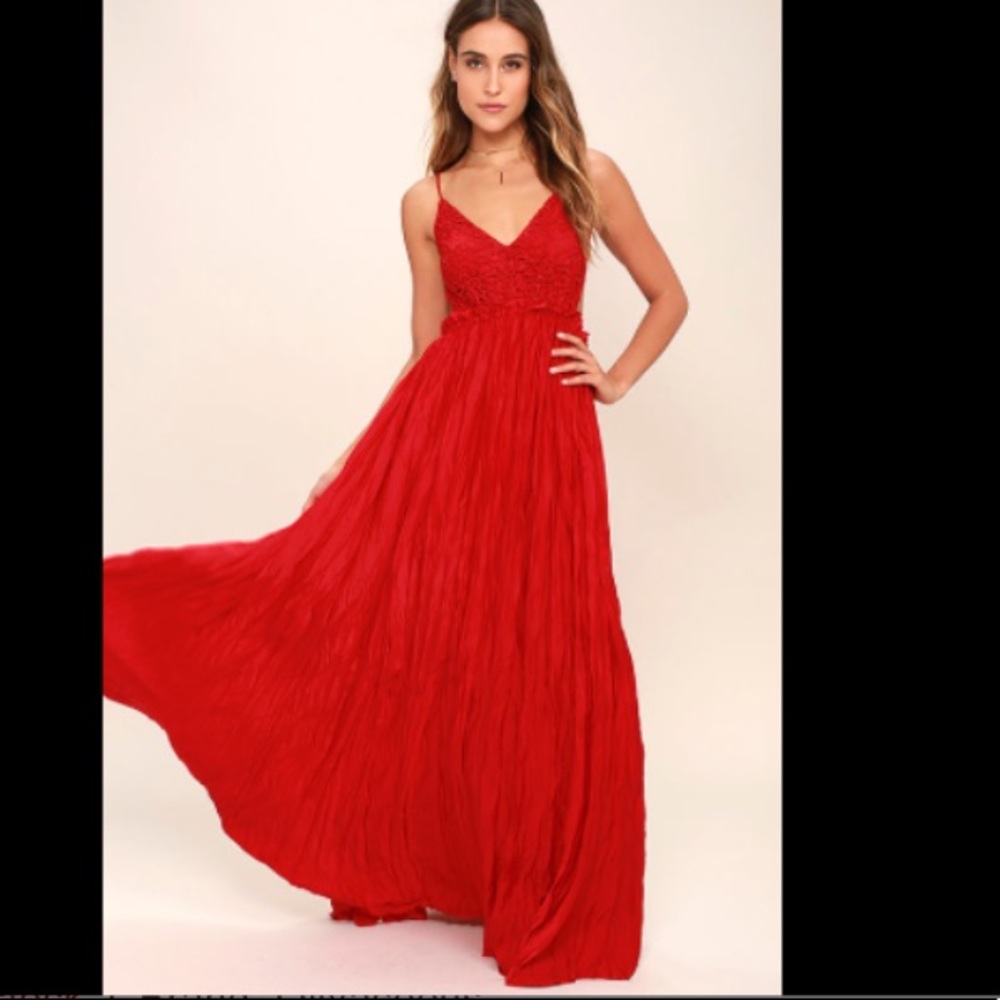 Lulus snowy meadow crocheted red maxi dress